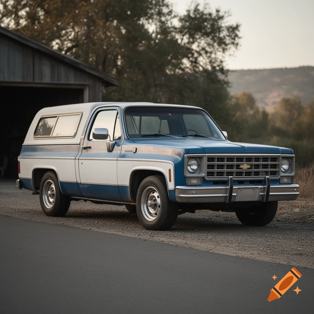 Photorealistic image of a vintage blue and white Chevrolet truck parked on a gravel roadside near a rustic wooden building.