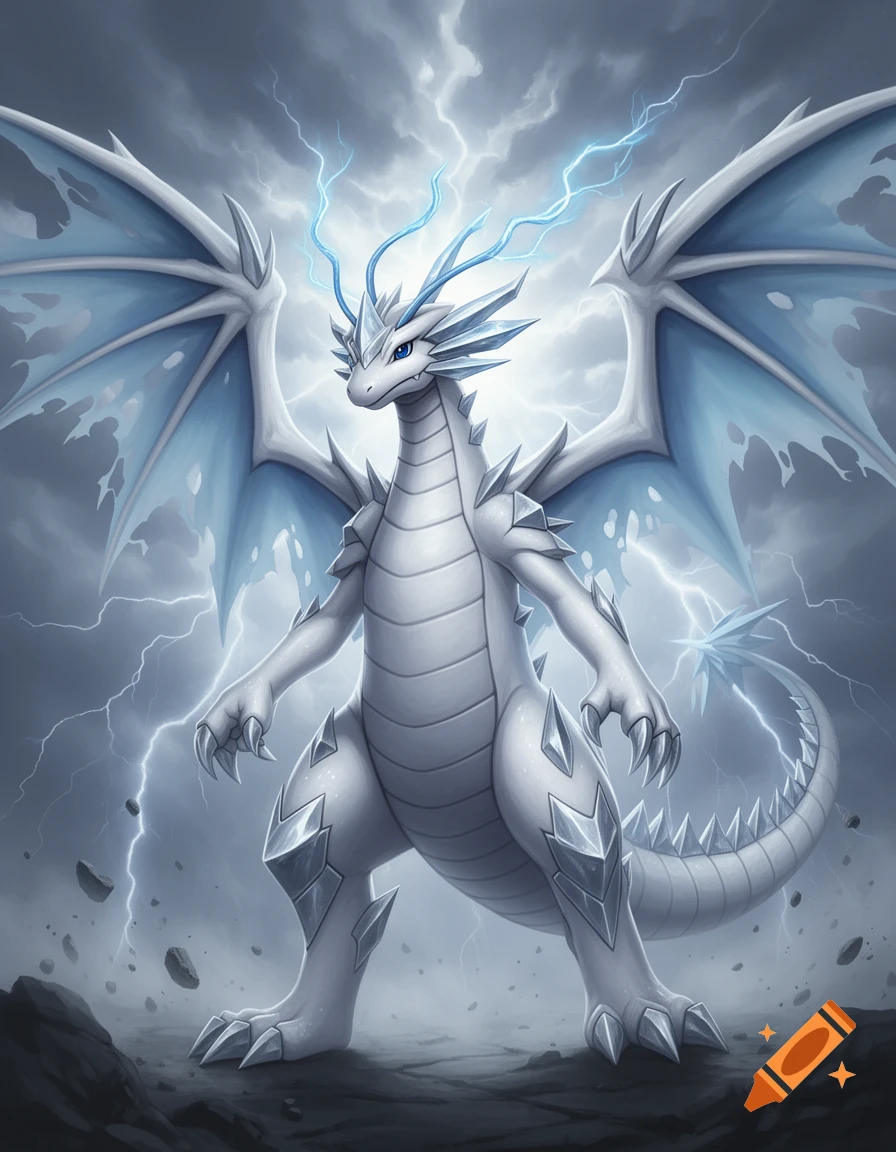 Digital illustration of a fusion between Blue-Eyes White Dragon and Dragonite standing amidst a stormy sky with lightning.