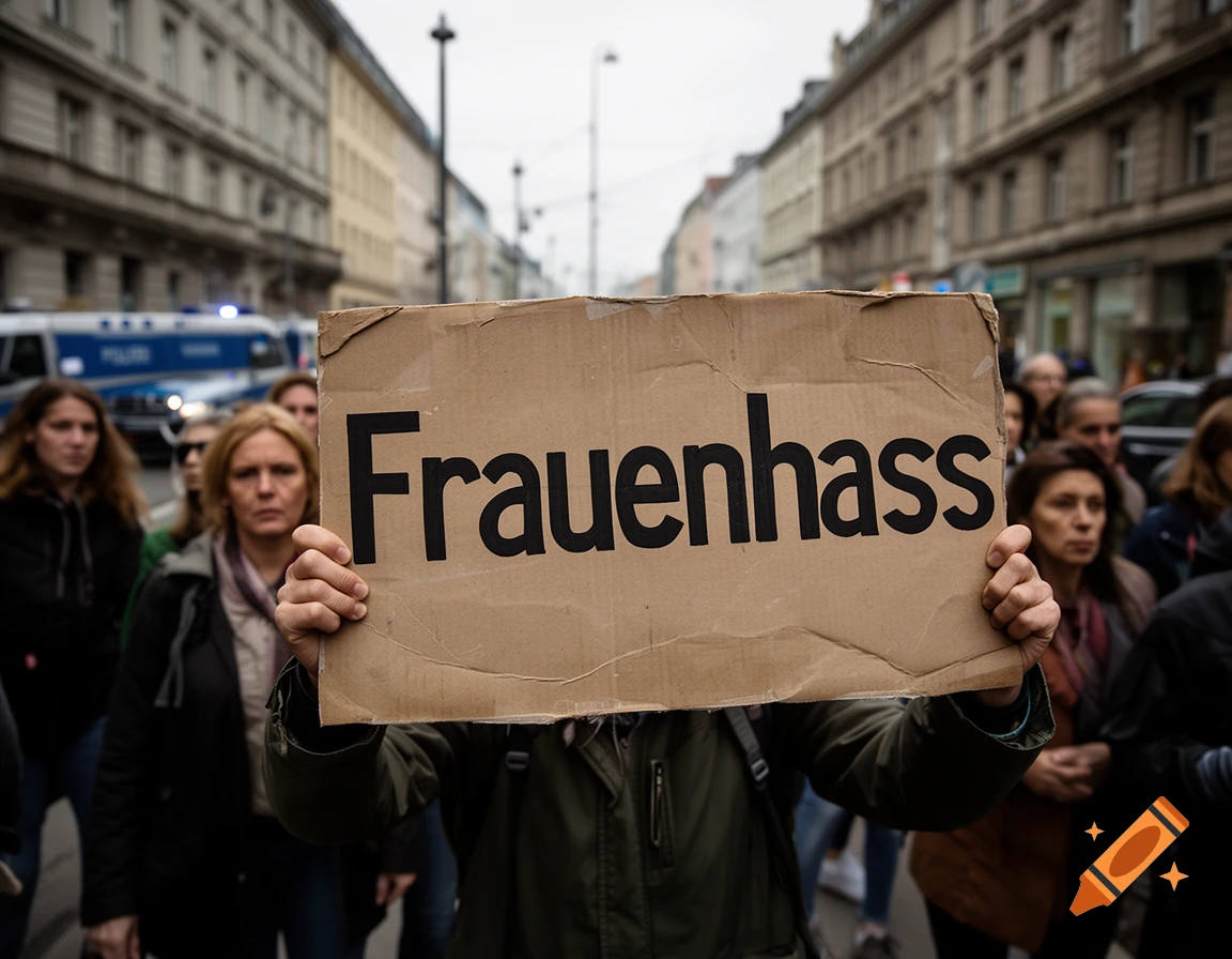 Close-up of a cardboard sign reading 'Frauenhass' held up at a protest, with blurred protesters in the background.