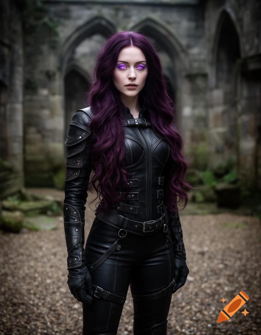 Photorealistic portrait of a fantasy woman with dark-plum hair and glowing purple eyes, wearing black combat leather in a stone ruin.