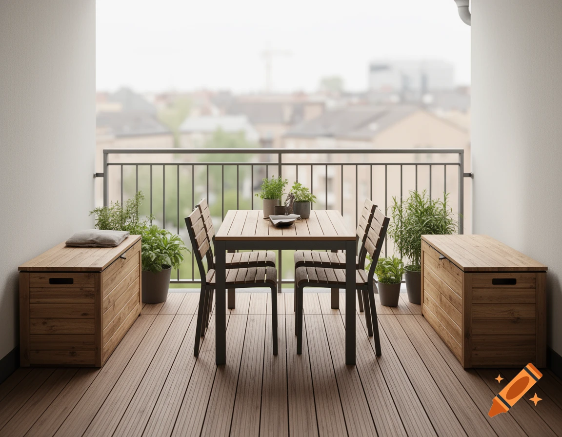 Photorealistic balcony interior with wooden flooring, a table set for four, plants, and storage boxes.