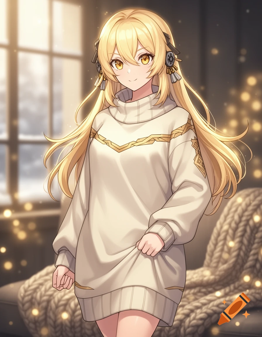 Anime style illustration of a blonde woman wearing a large white sweater dress indoors near a window.