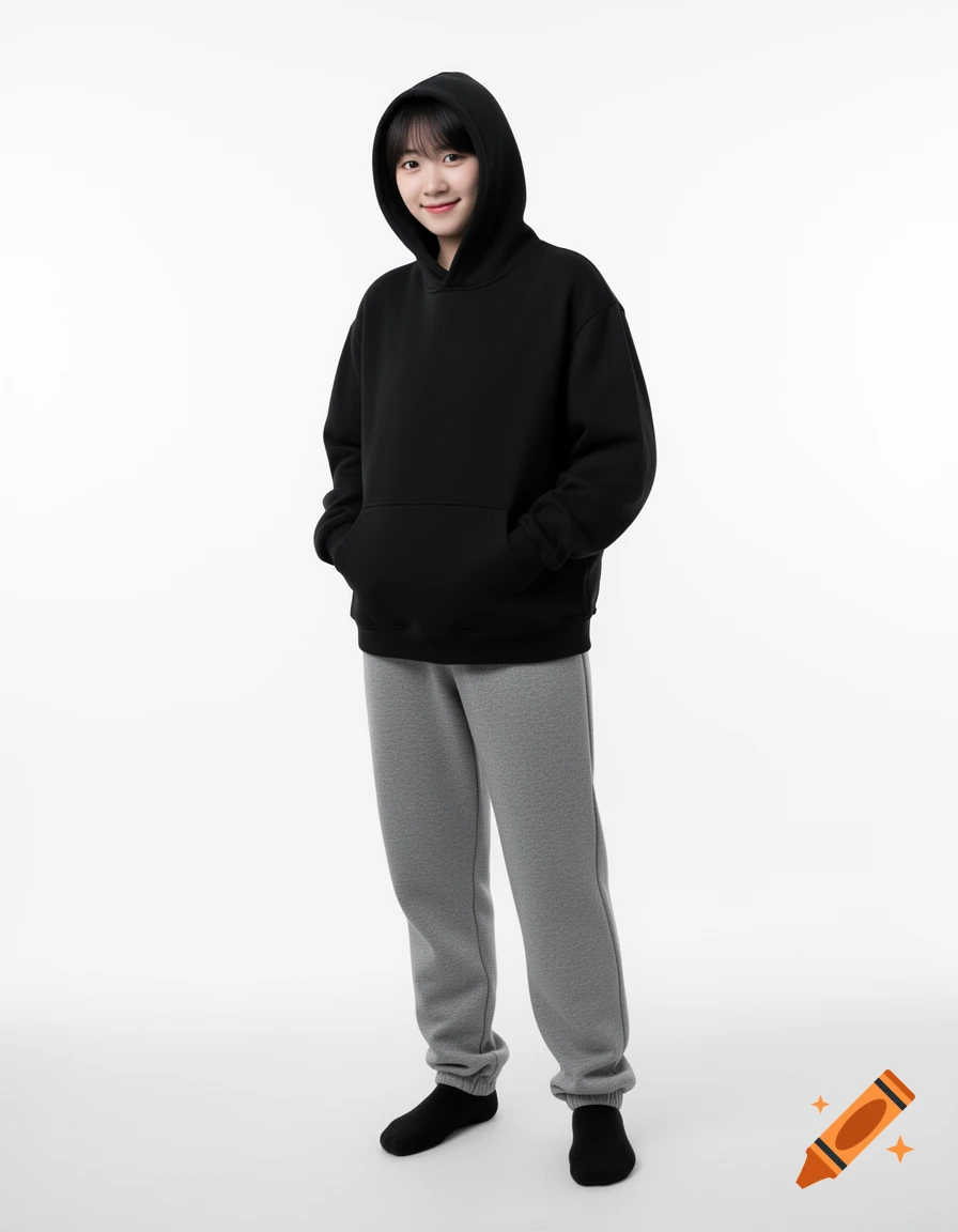 Full-body shot of a young person wearing a black hoodie and grey sweatpants against a white background.