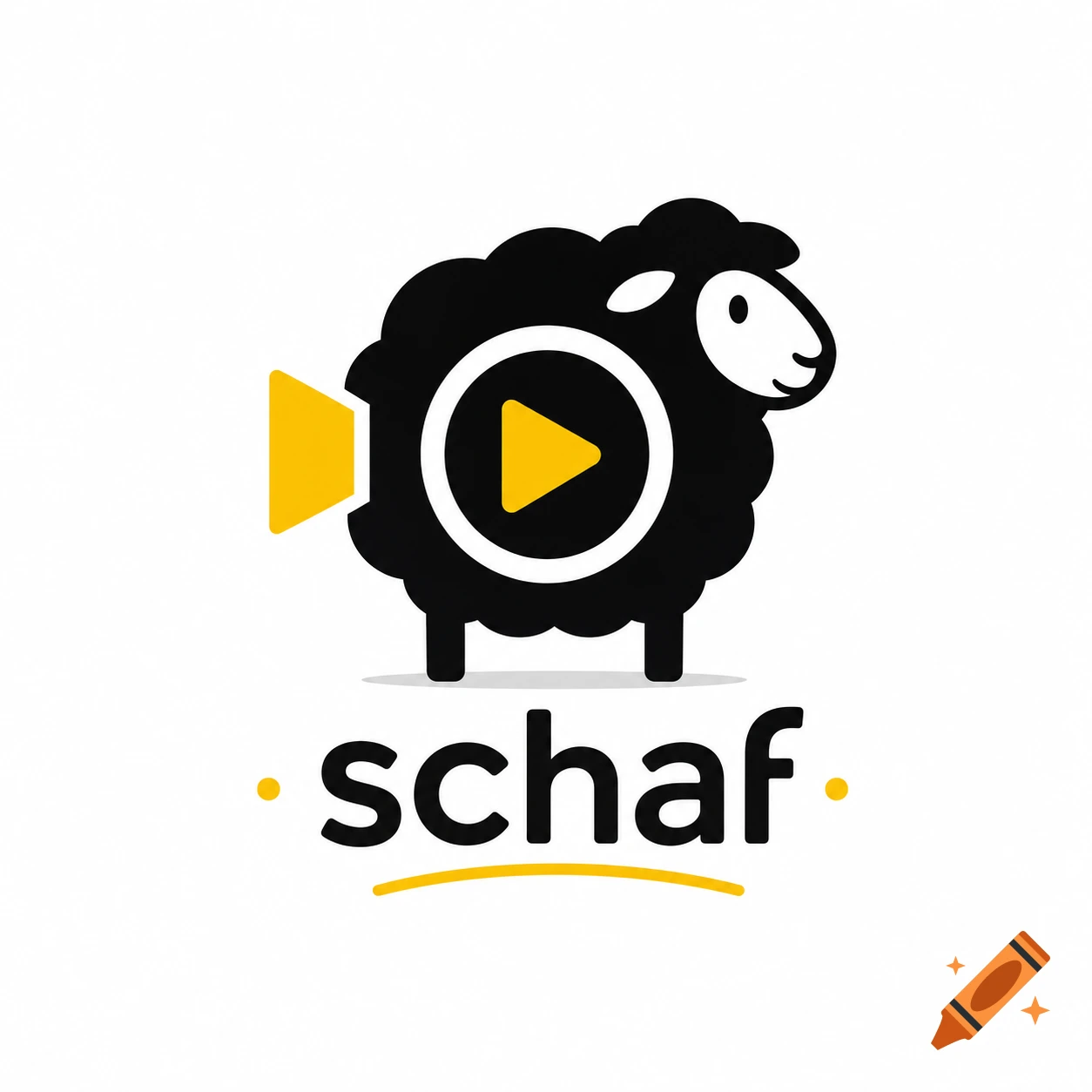 Minimalist black and yellow vector logo of a sheep with a play button icon, featuring the text schaf below.