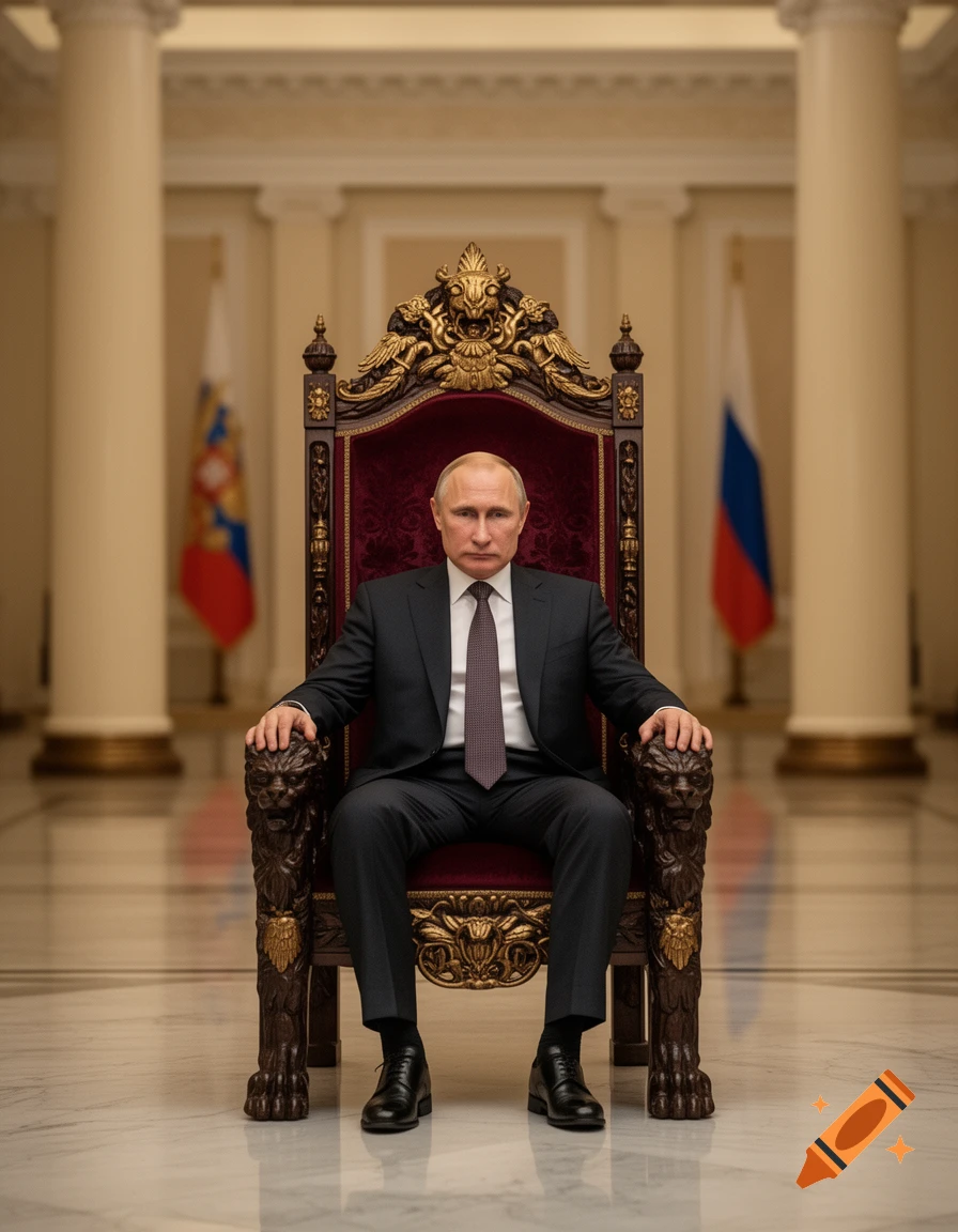 Photorealistic portrait of Vladimir Putin sitting on an ornate throne in a grand hall with pillars and Russian flags.
