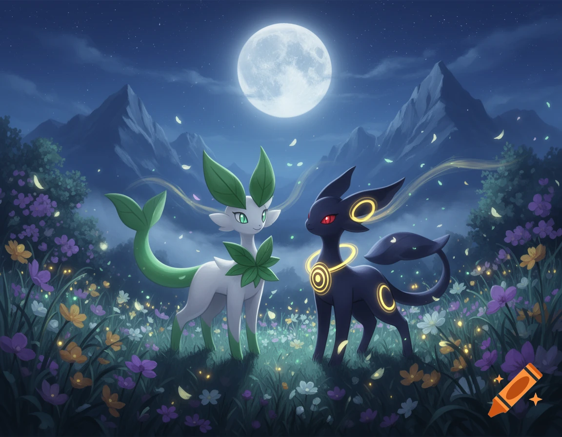 Digital illustration of Leafeon and Umbreon standing in a flower field under a full moon in an anime style.