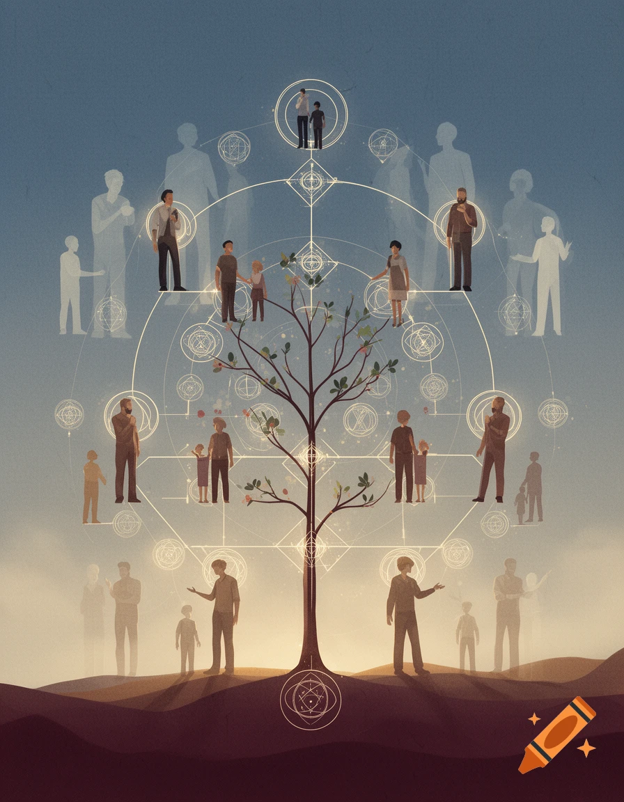 An artistic illustration of a family tree structure with stylized figures and geometric patterns.