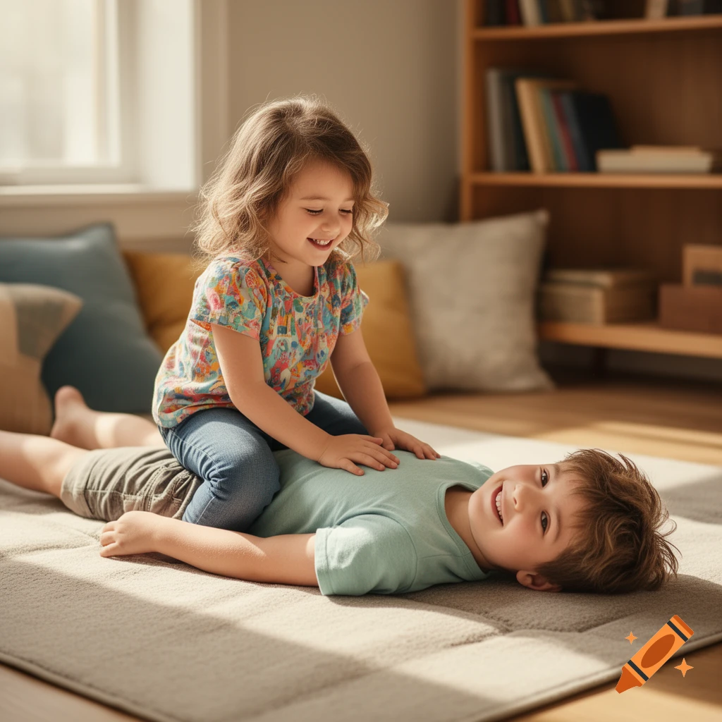 Photorealistic image of a young girl sitting playfully on a smiling boy's belly on a living room rug.