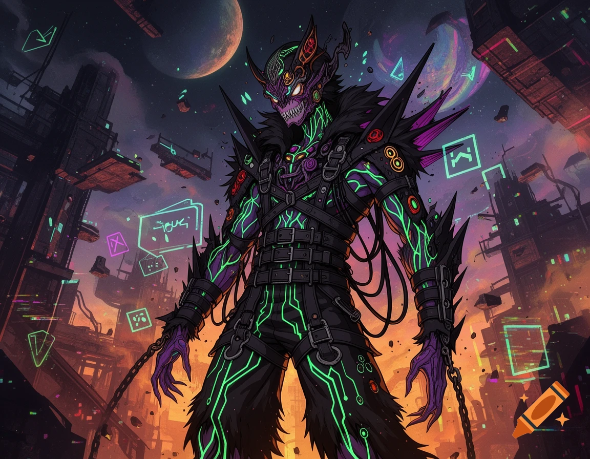 An anime-style sci-fi warrior with glowing green circuits and straps stands in a dystopian futuristic city against a backdrop of planets.
