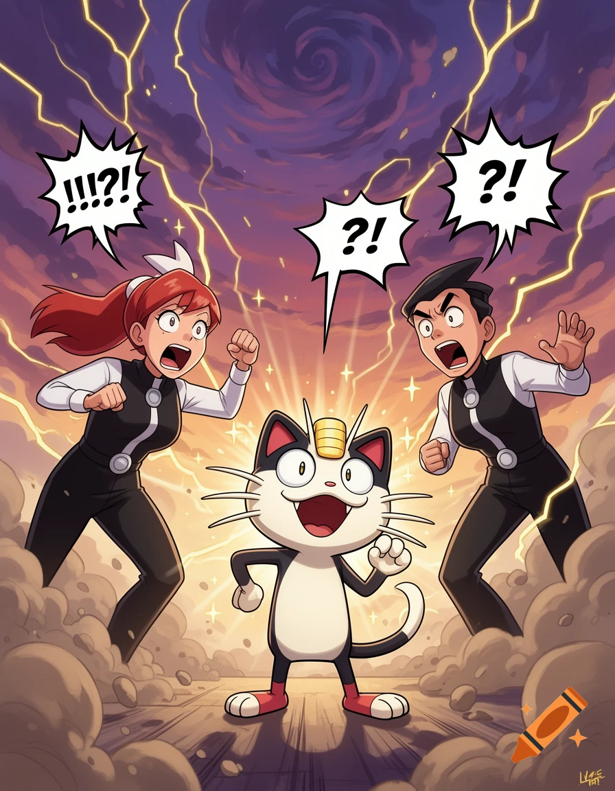 Anime style illustration of Team Rocket characters looking shocked while Meowth stands in the center with a golden coin on its head.
