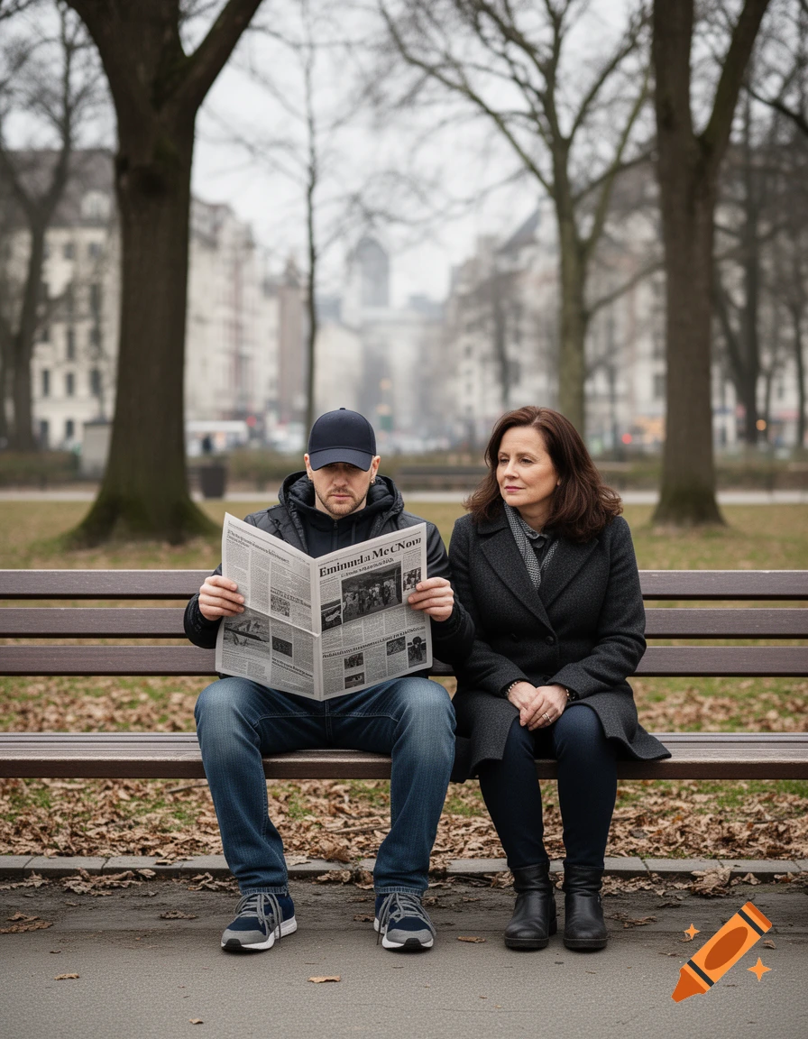 Photorealistic image of a man and a woman sitting together on a wooden park bench, the man reading a newspaper.