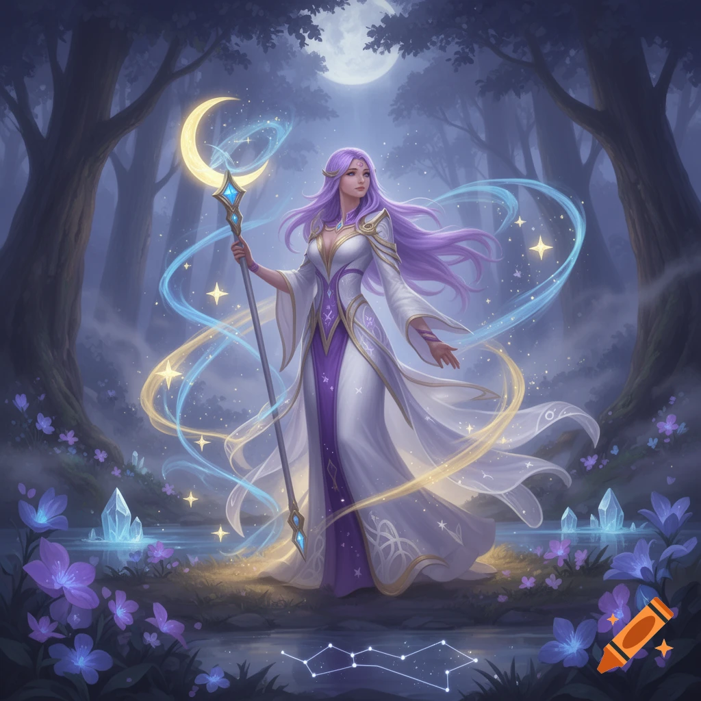Digital painting of a purple-haired female fantasy healer in a white and purple robe holding a crescent moon staff in a magical forest.