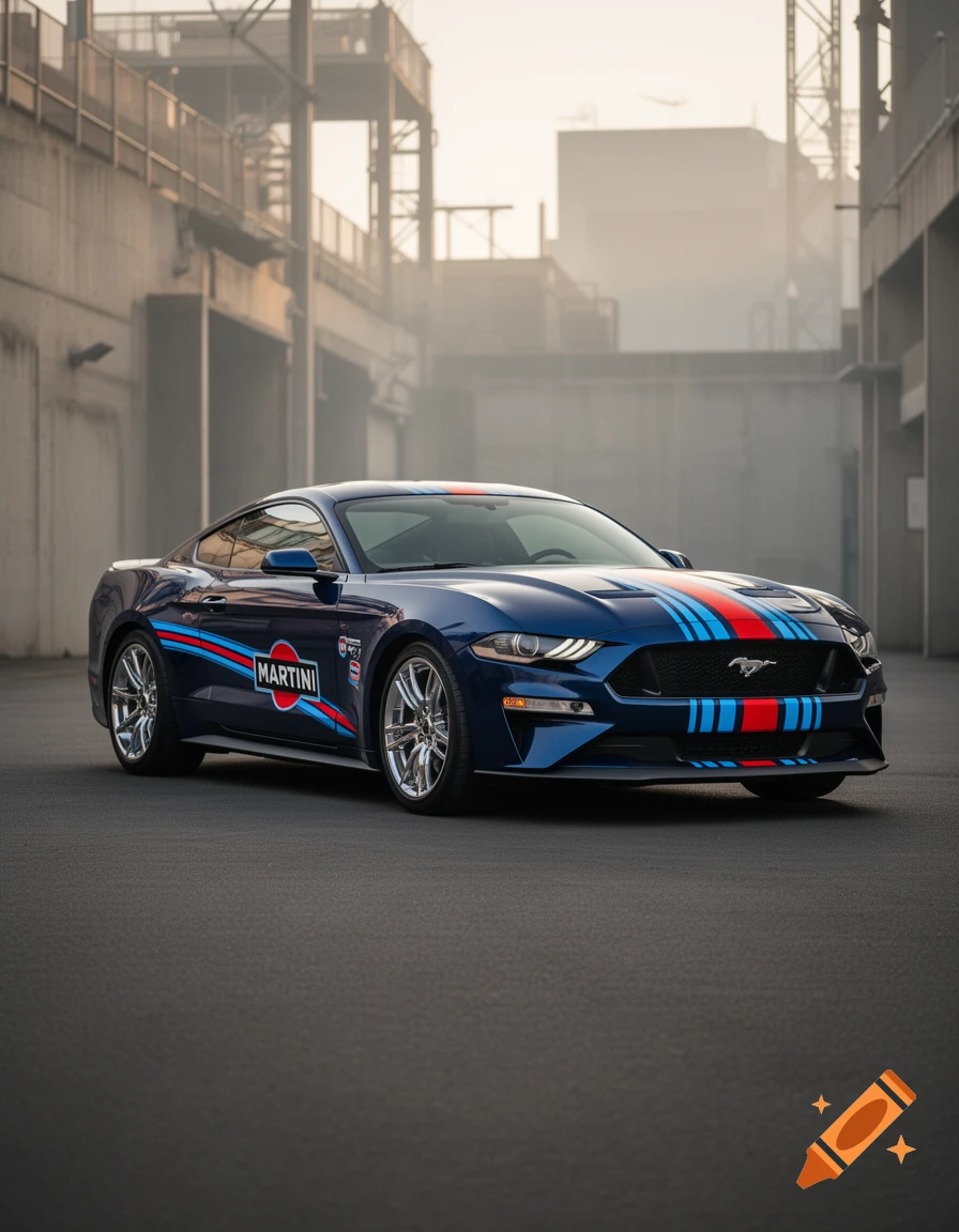 Photorealistic dark blue Ford Mustang with Martini racing stripes parked in an industrial area.