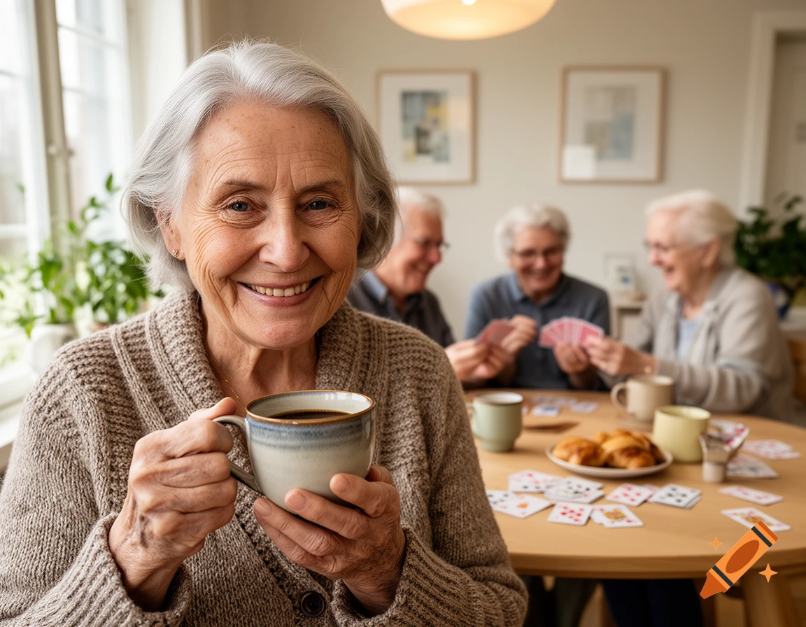 Photorealistic image of an elderly woman holding a coffee cup, smiling at the camera, with three seniors playing cards in the background.