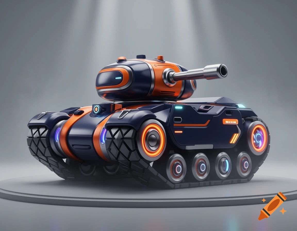 3D render of a stylized futuristic blue and orange toy tank with glowing lights on a pedestal.