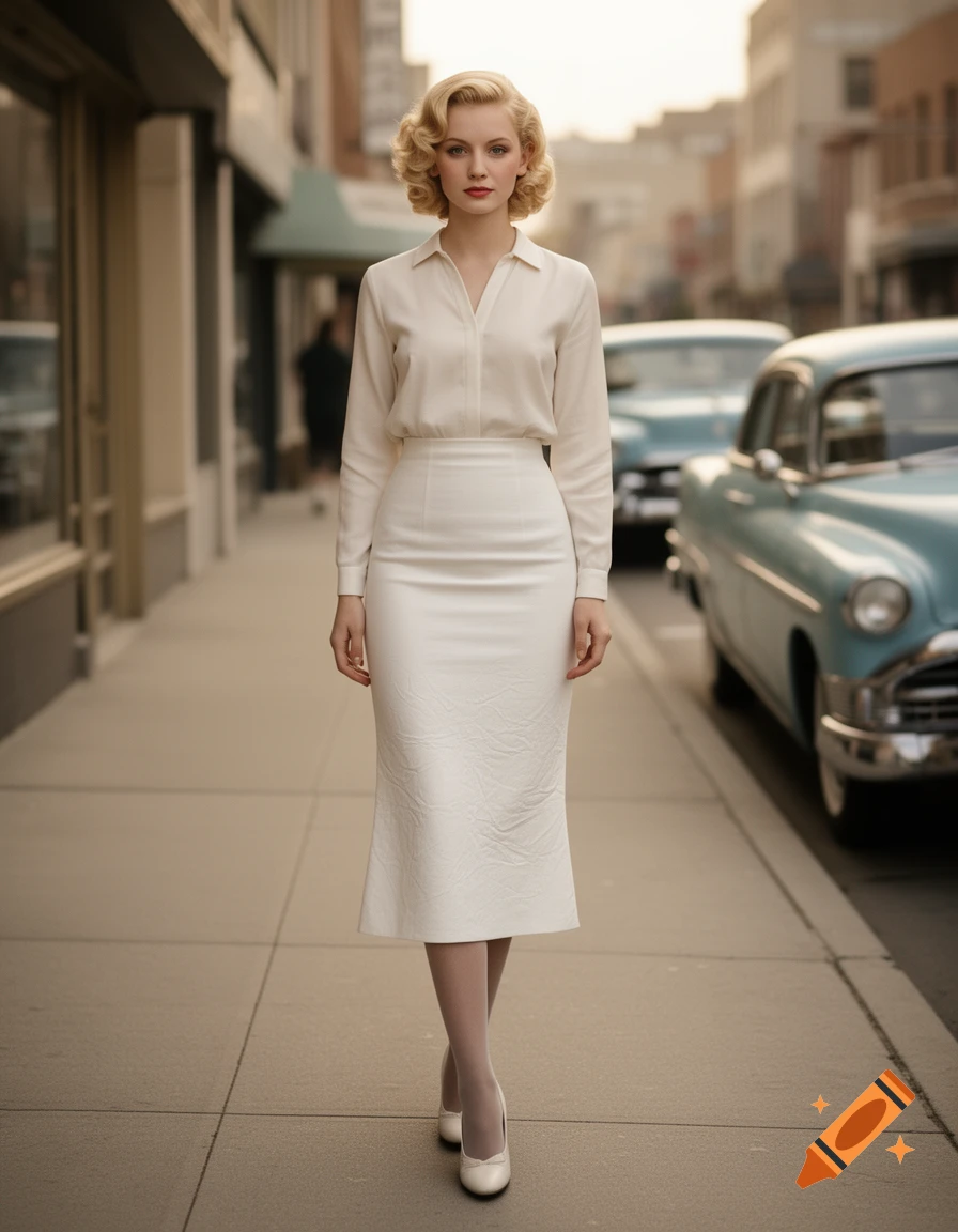 Photorealistic image of a young blonde woman in a 1950s style white blouse and skirt walking down a city sidewalk with vintage cars.