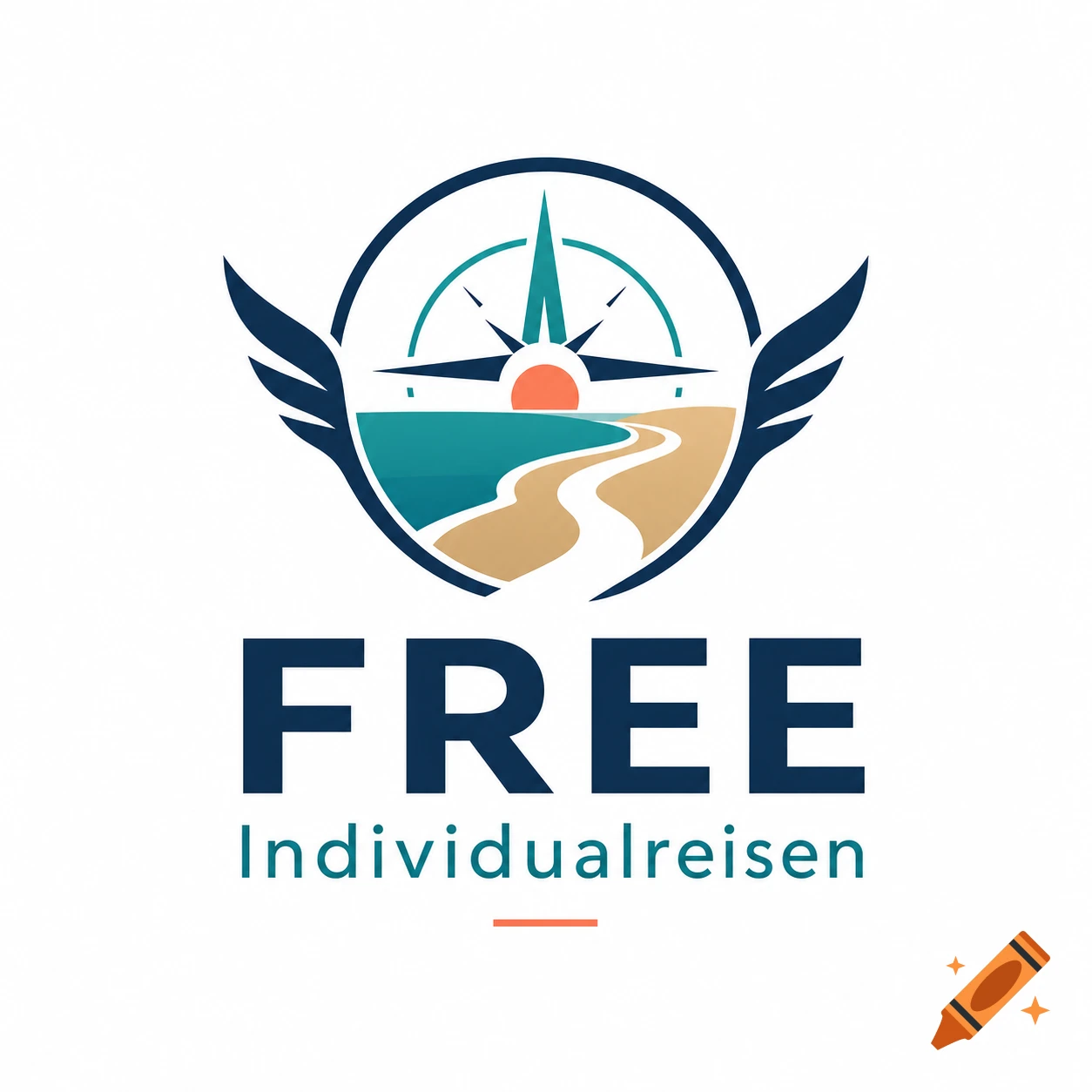 Logo for FREE Individualreisen featuring a compass, wings, and a beach road landscape.
