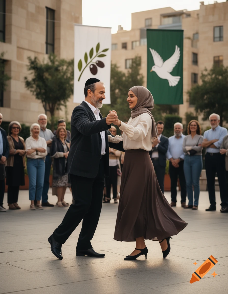 Photorealistic image of a religious Jewish man and an Arab woman dancing together outdoors, surrounded by a crowd holding peace banners.