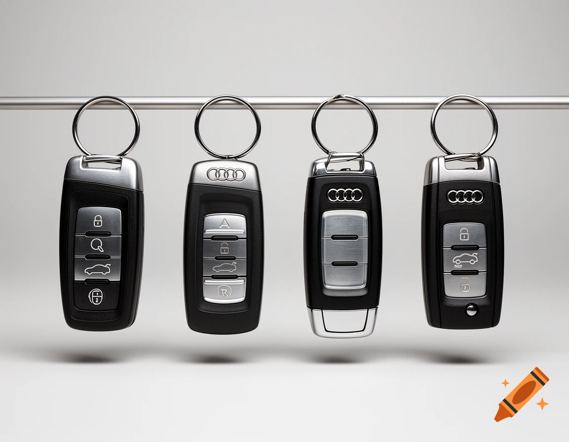 Four Audi car keys with key rings hanging on a metal bar against a plain grey background.