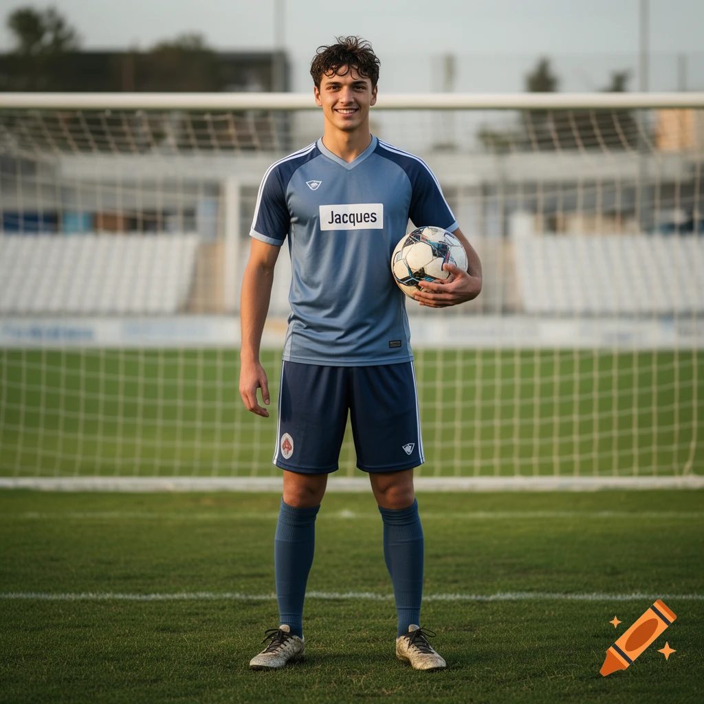 Photorealistic full-body portrait of a young male soccer player holding a ball on a pitch with a goal in the background.