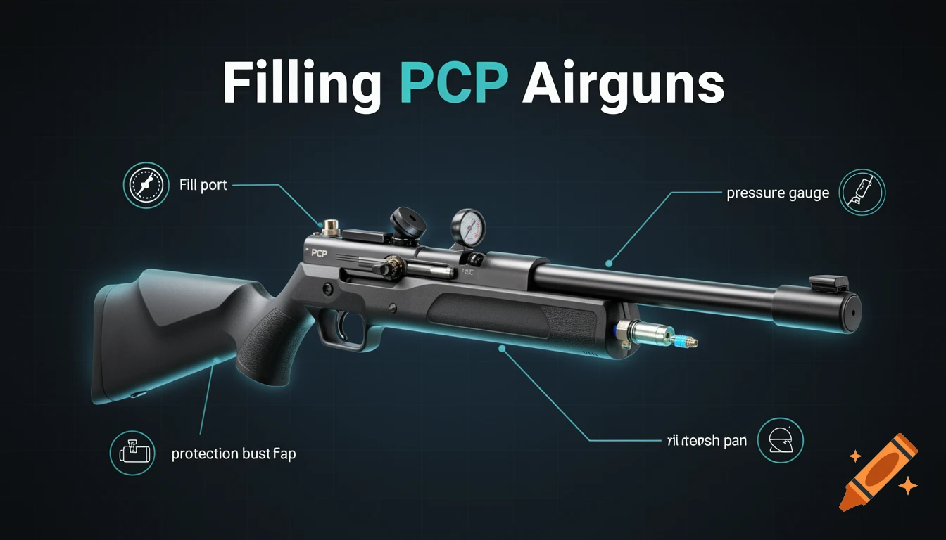 An instructional diagram of a PCP airgun with labels pointing to the fill port, pressure gauge, and other parts against a dark background.