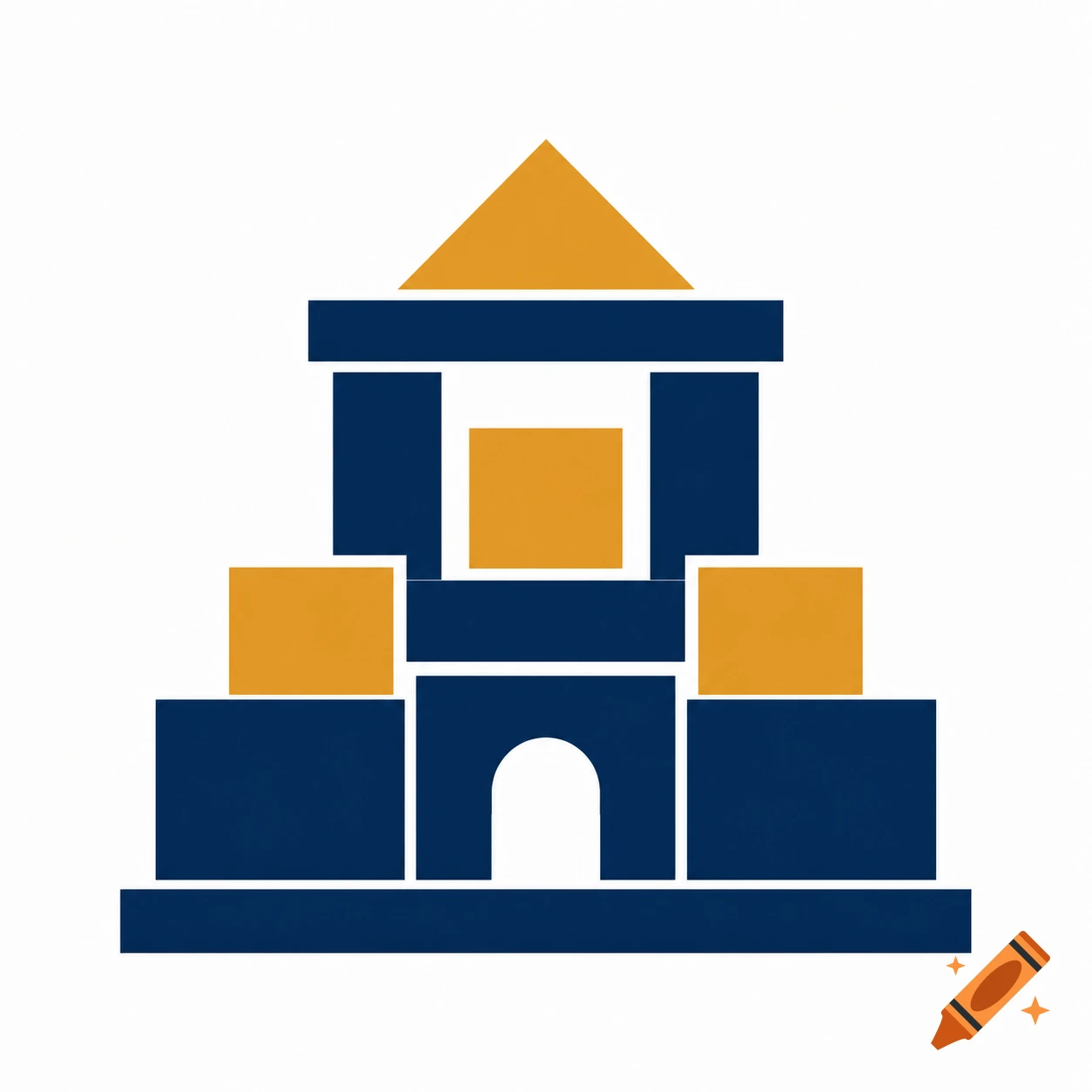 Pictogram of a blue and yellow castle or structure with geometric shapes on a white background.