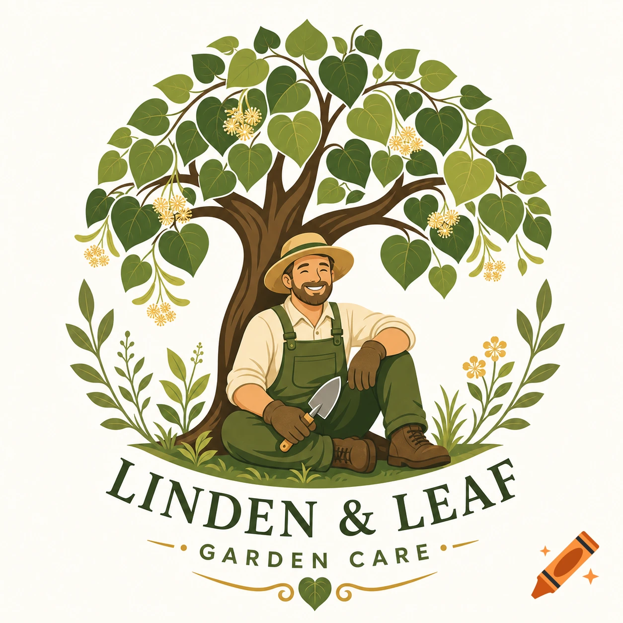 Vector logo of a smiling gardener sitting under a linden tree with text reading LINDEN & LEAF GARDEN CARE.