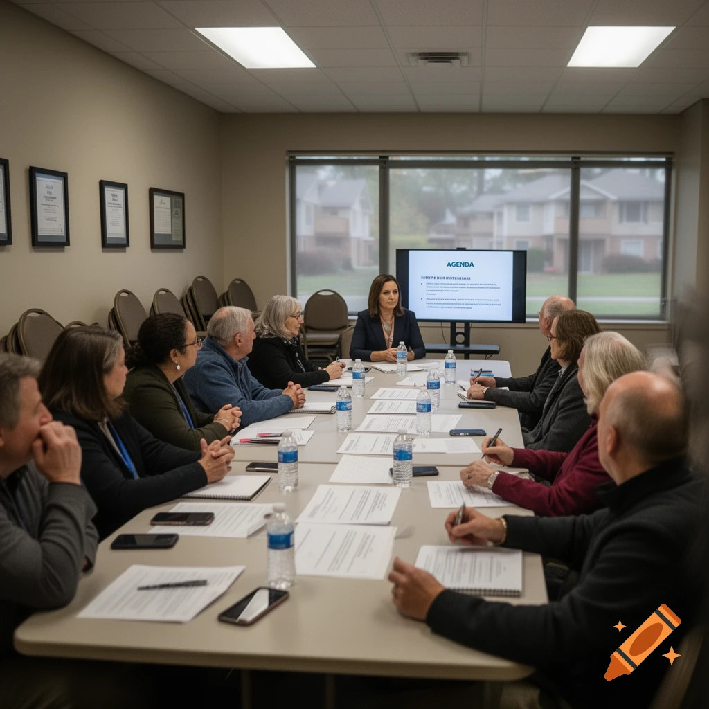 A photograph of a group of people sitting around a long conference table attending a meeting.