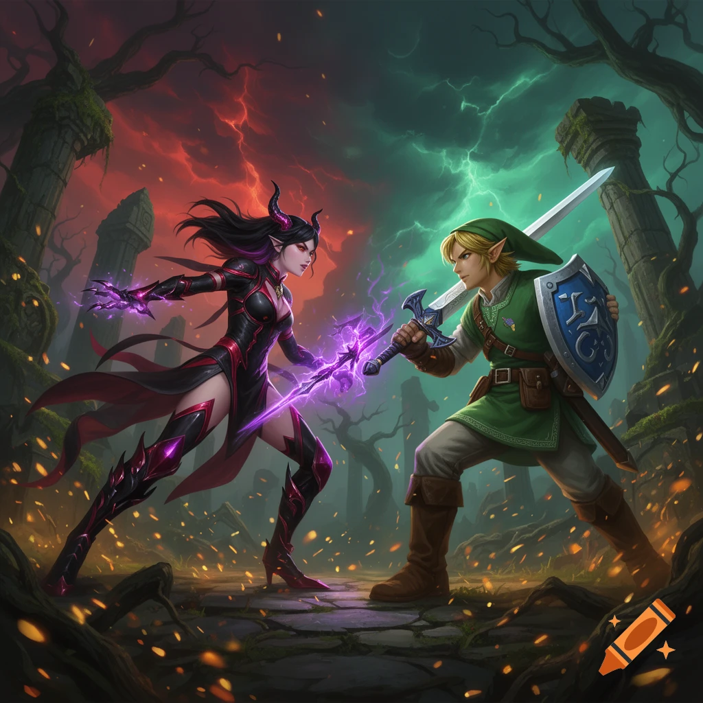 Digital painting of a horned demon woman fighting Link from Zelda in a dark, mystical forest with red and green lighting.