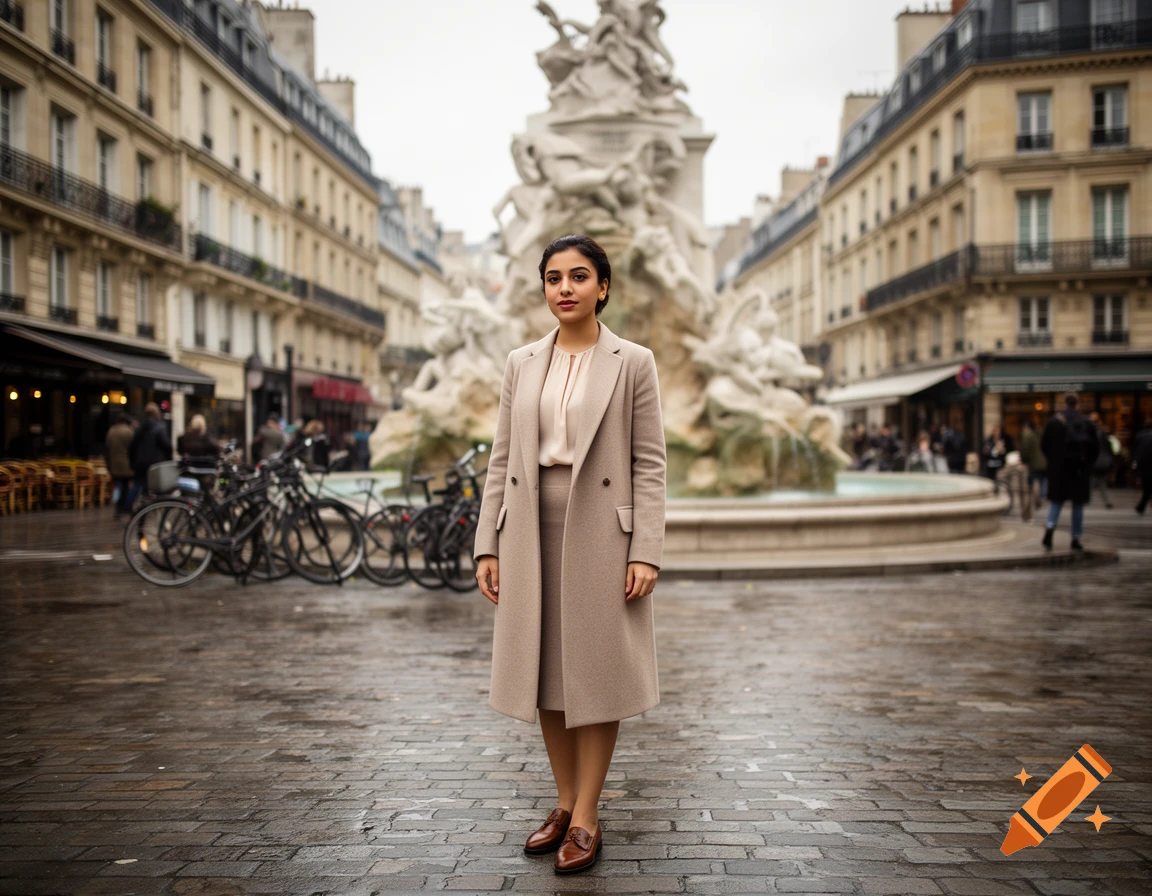 Photorealistic image of a young woman in a classic beige coat standing in a Parisian street with a fountain and classical buildings in the background.