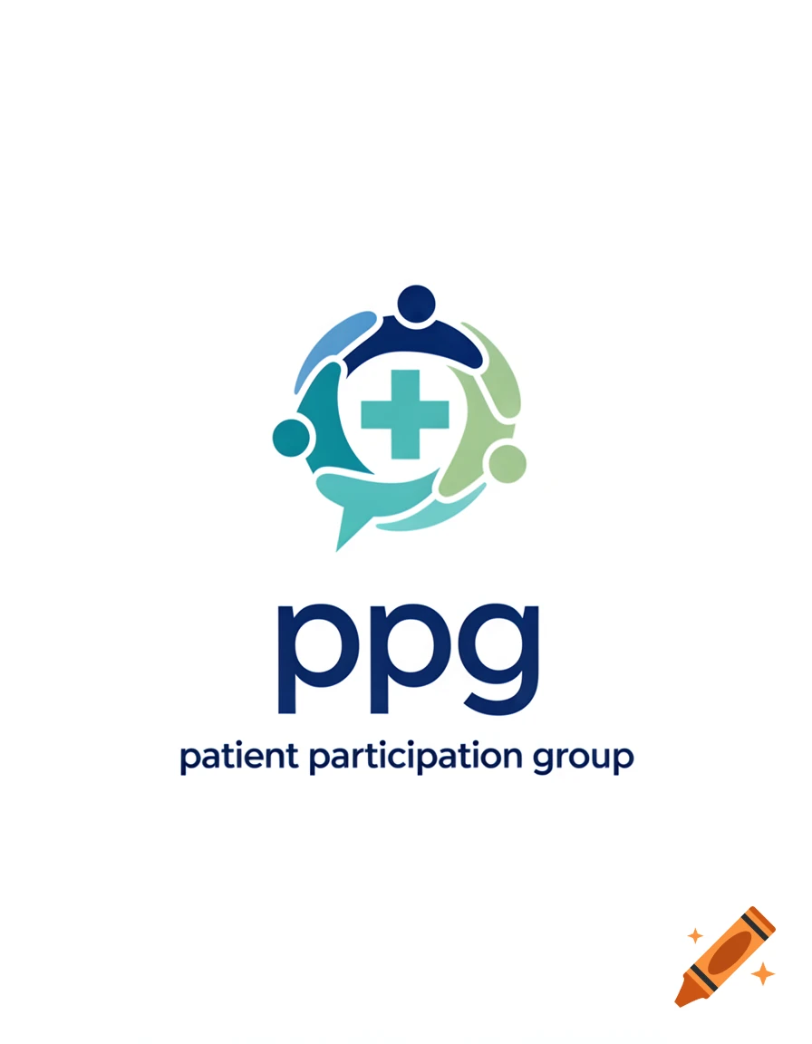 Logo featuring a stylized group of people surrounding a medical cross, with the text ppg patient participation group below.