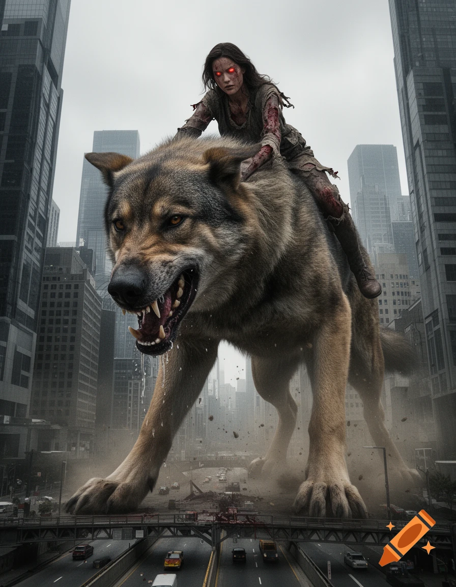 Photorealistic image of a giant wolf destroying a city street while a girl with red eyes rides on its back.