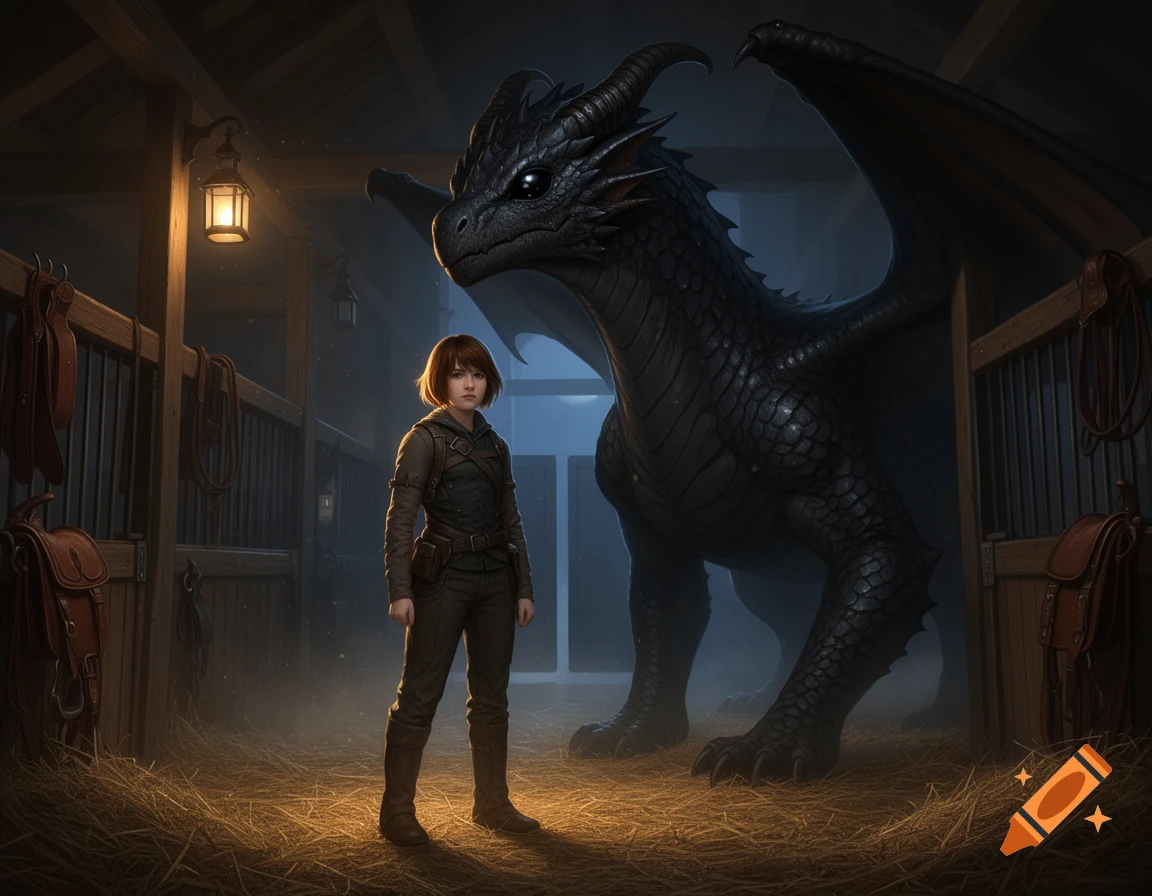A realistic digital painting of a short-haired person standing next to a large black dragon inside a wooden stable with hay on the floor.