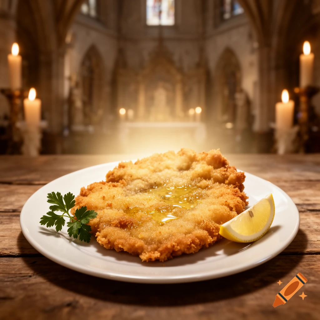 A schnitzel on a white plate with lemon and parsley, placed on a wooden table inside a dimly lit church with candles.