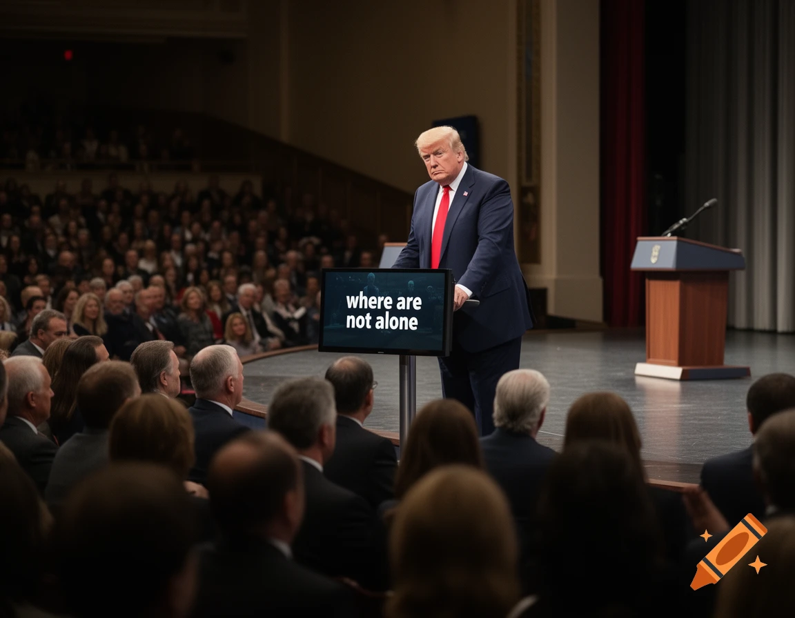 Photorealistic image of Donald Trump standing at a podium on a stage facing a seated audience, looking at a small monitor displaying text.