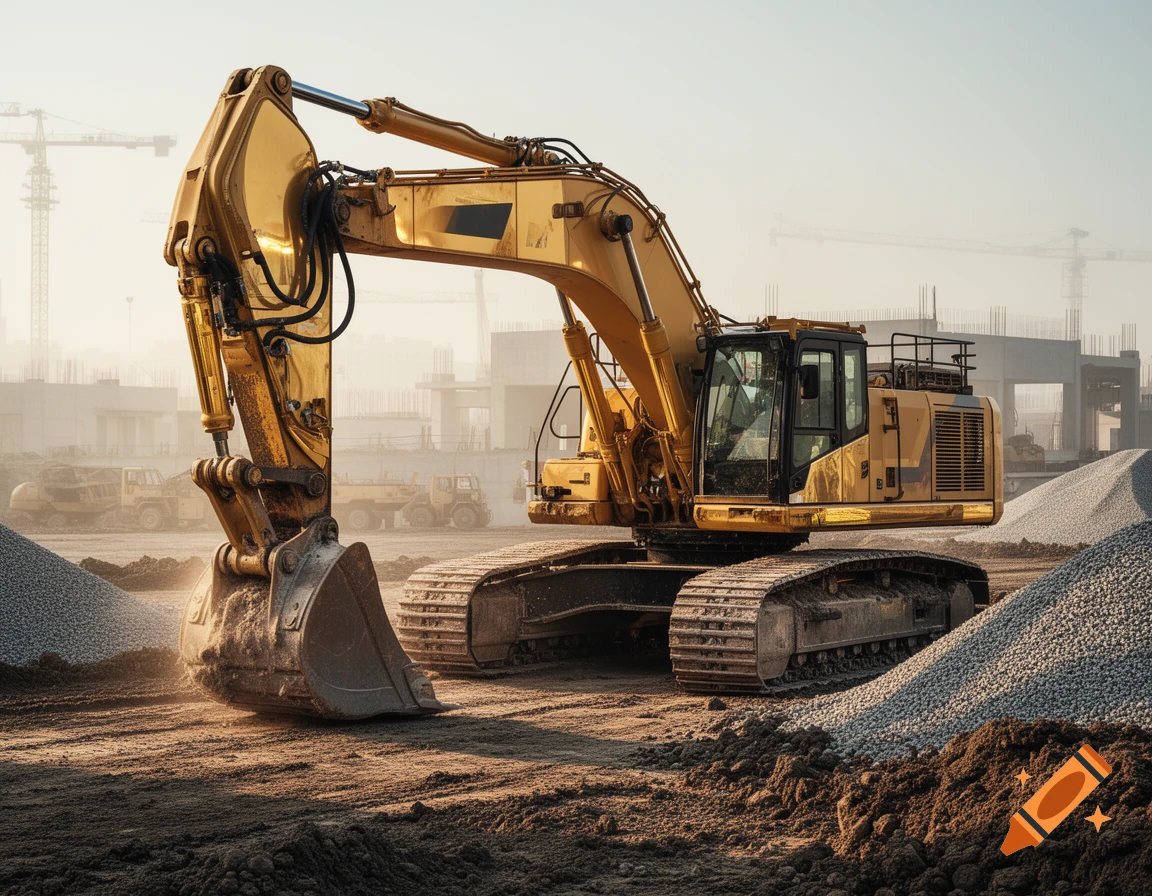 Photorealistic large yellow excavator with golden metallic parts parked on a construction site with piles of gravel.