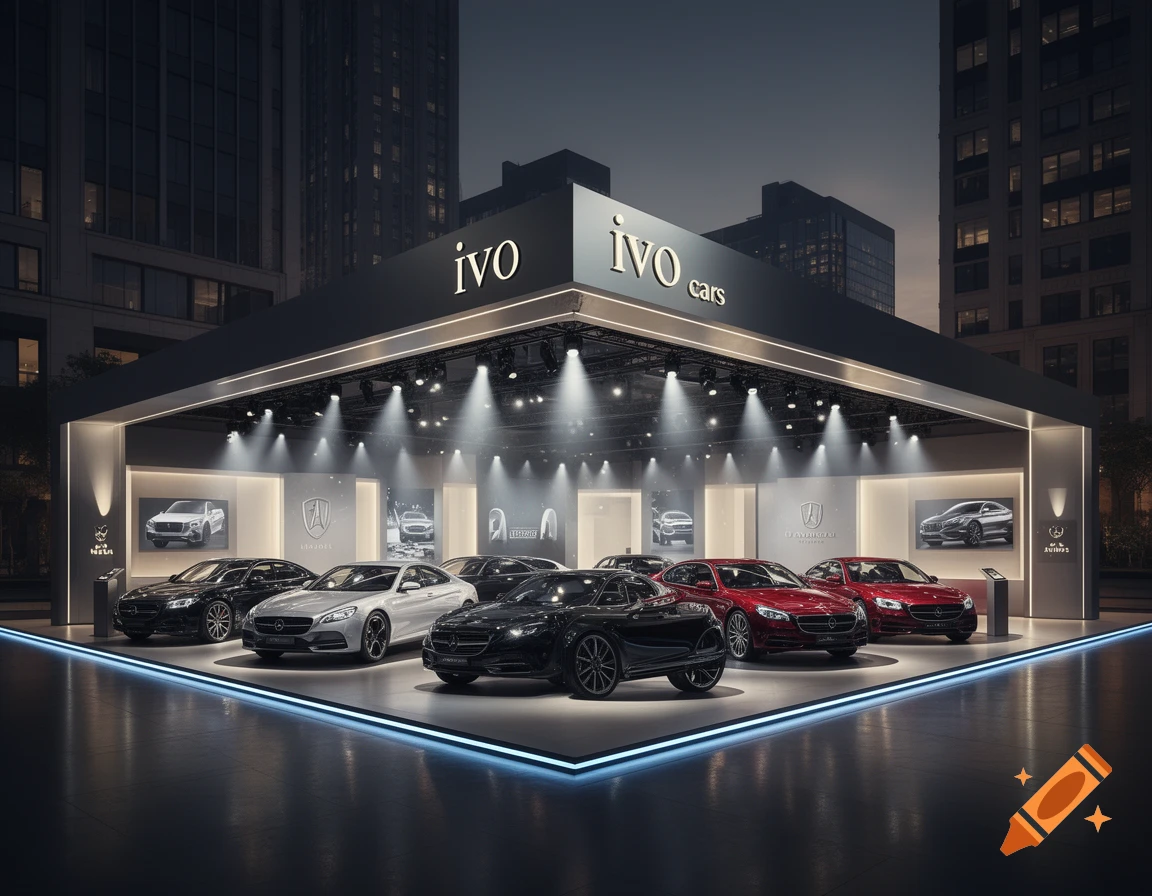 Photorealistic showroom of 'ivo cars' at night featuring several luxury cars on display under bright spotlights.