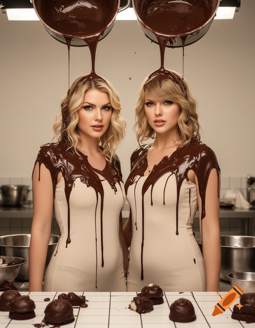 Photorealistic image of two blonde women in dresses getting melted chocolate poured on them in a kitchen.