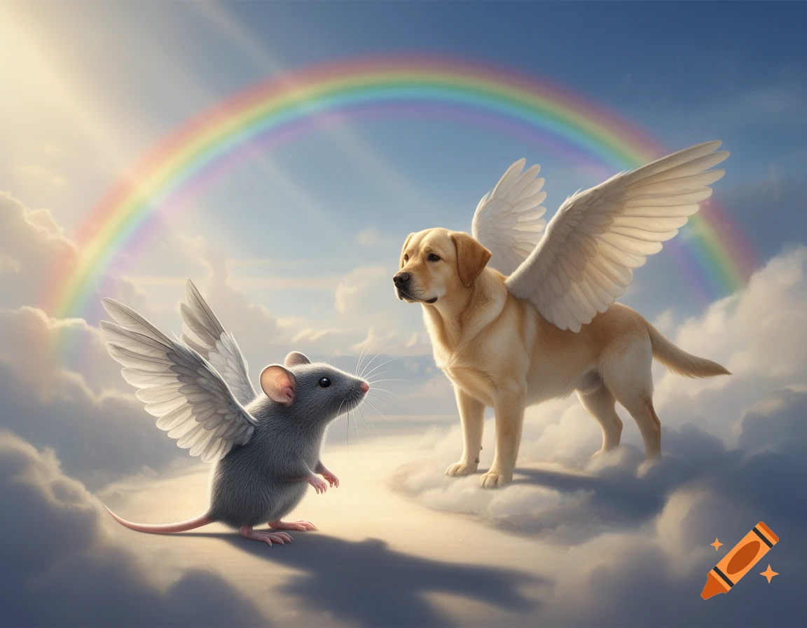 A grey mouse and a golden retriever, both with angel wings, standing on clouds in front of a rainbow in the sky, photorealistic style.