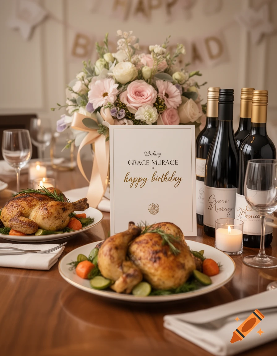 Photorealistic table setting with roasted chicken, wine bottles, flowers, and a birthday card wishing Grace Murage a happy birthday.