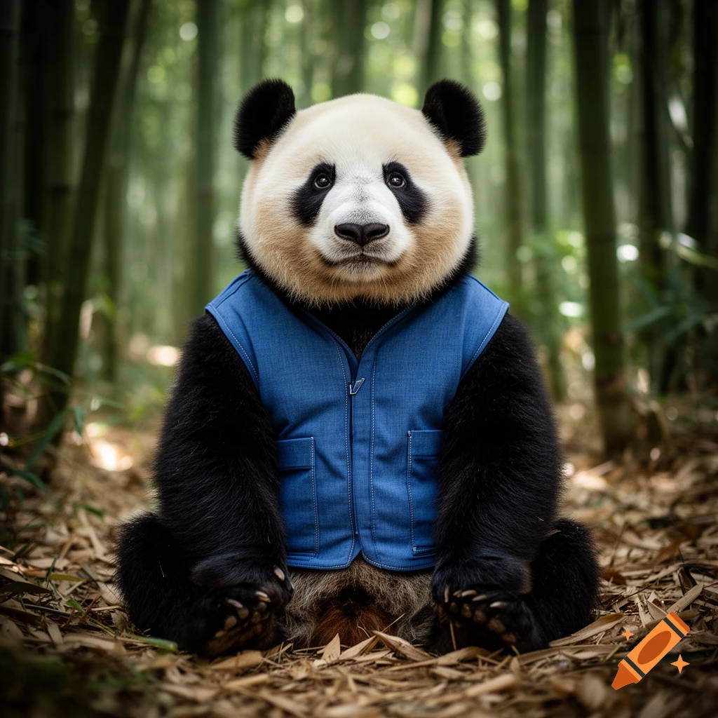 Photorealistic image of a panda wearing a blue vest, sitting in a bamboo forest.