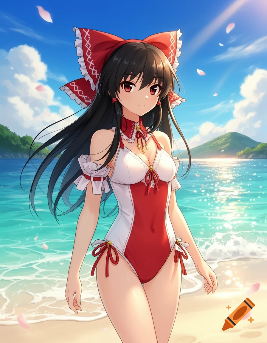 Anime illustration of Reimu Hakurei in a red and white swimsuit standing on a tropical beach.