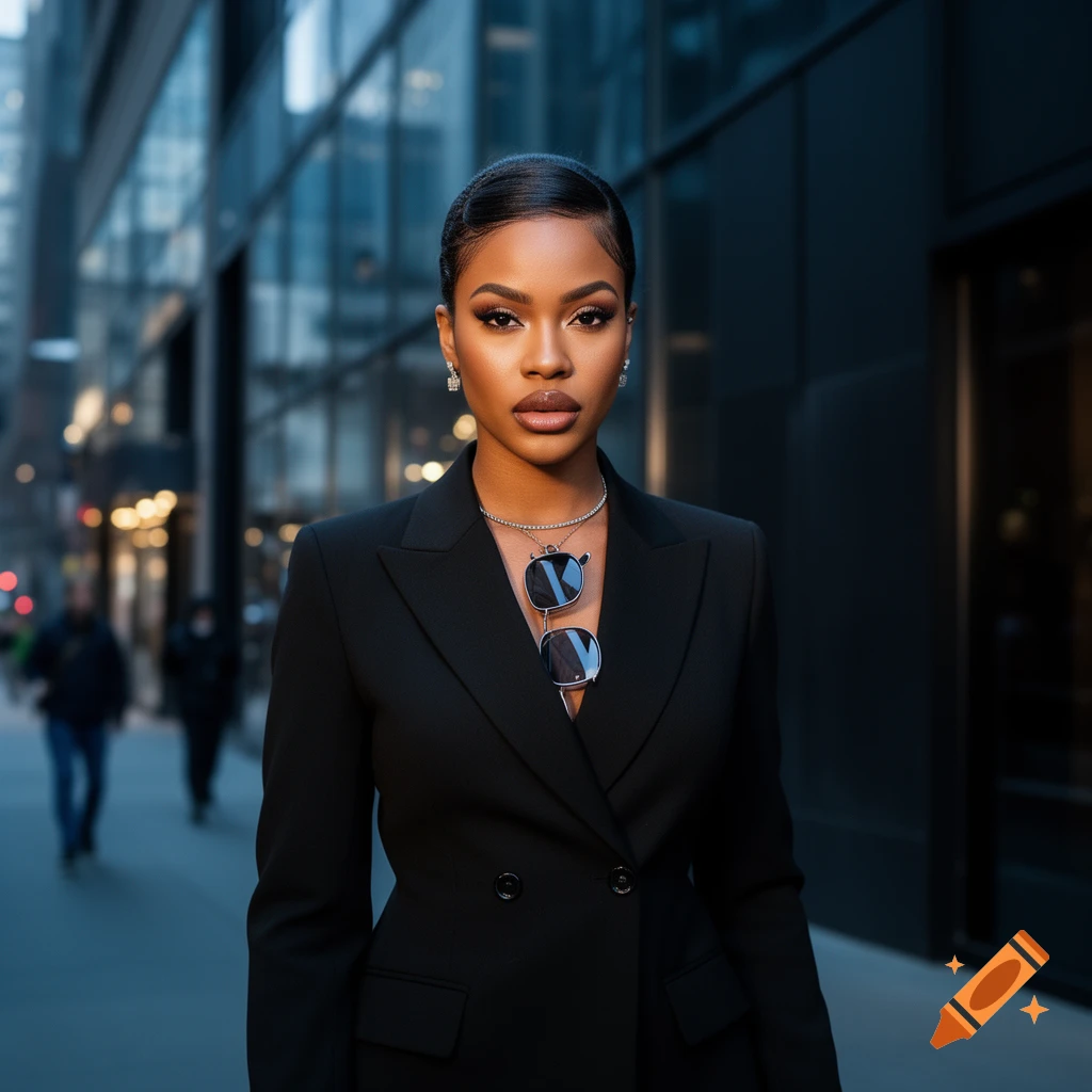 Photorealistic portrait of a stylish woman in a black suit standing in front of a modern glass building.