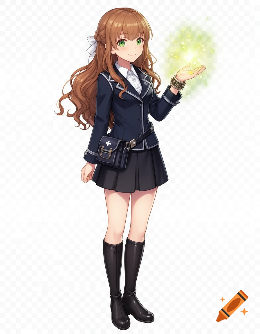 Full-body anime character illustration of a young female healer in a dark navy uniform holding a glowing magic light.