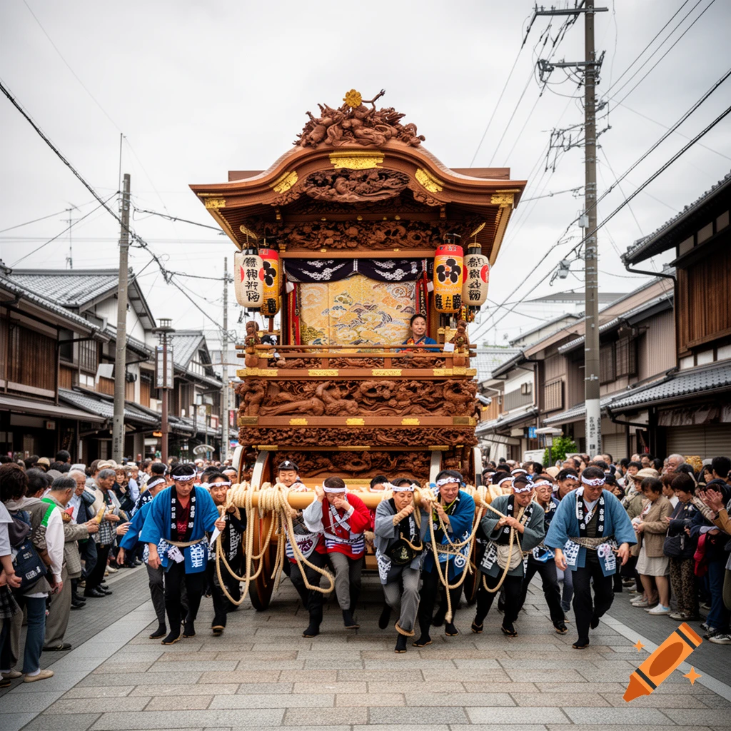Photorealistic image of people pulling a traditional wooden floats during a Japanese festival.