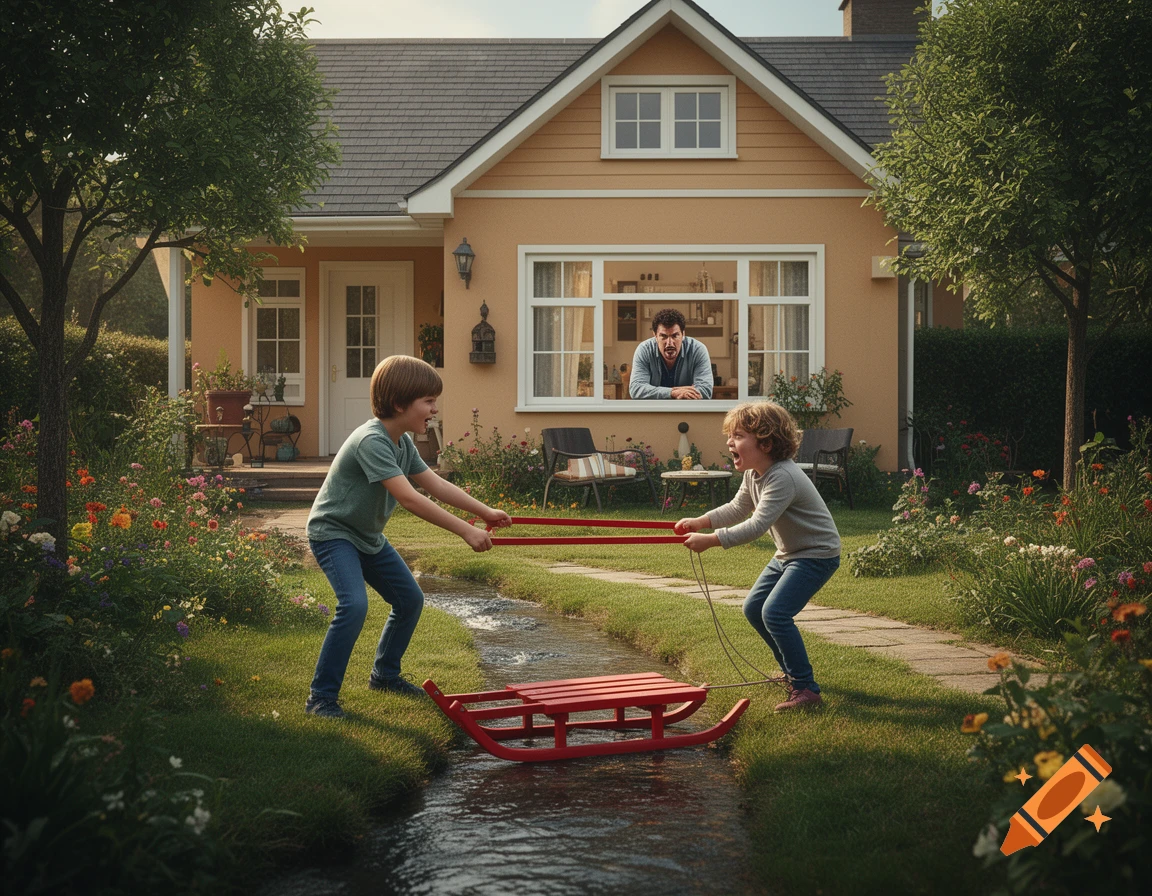 Photorealistic scene of two children arguing over a red sled by a stream in front of a yellow house, with an angry father watching from a window.