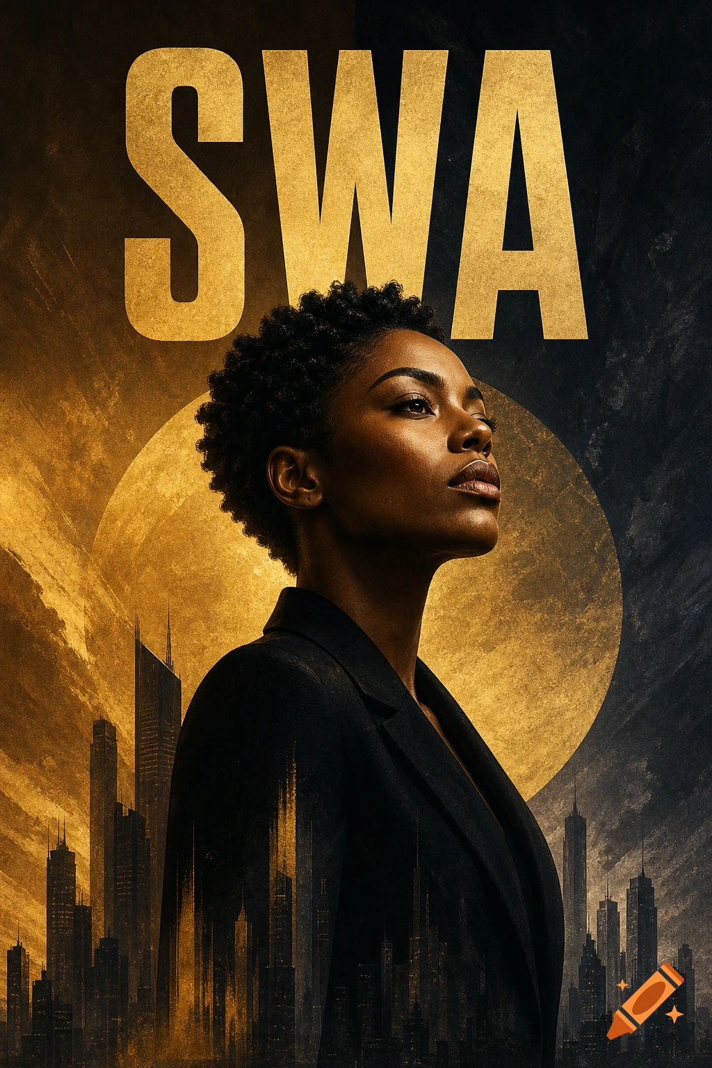 Poster featuring a profile portrait of a Black woman with short curly hair against a city skyline and gold moon background, with the word SWA above.