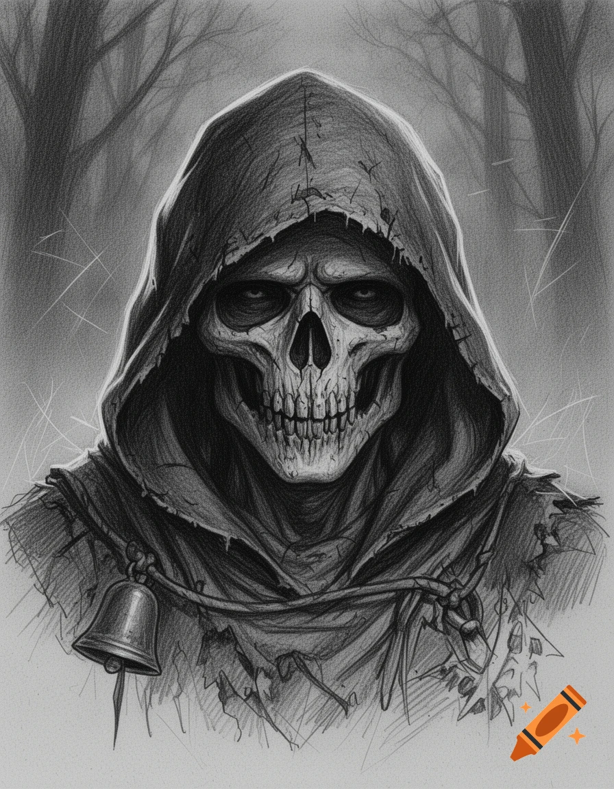 Pencil sketch portrait of The Wraith from Dead by Daylight in a hooded robe with a hanging bell in a forest.