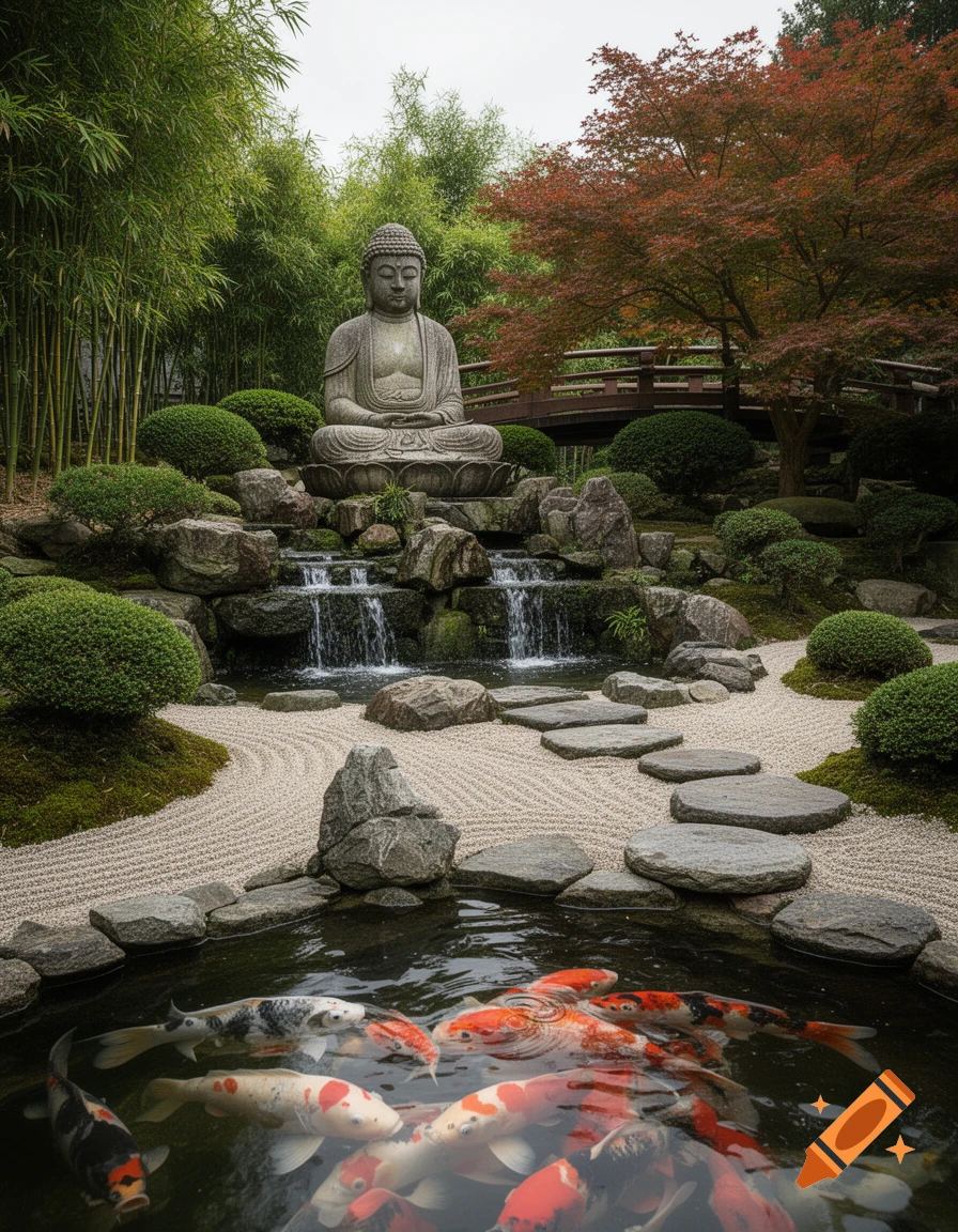 A serene zen garden featuring a stone Buddha statue, a waterfall, a traditional bridge, and a pond with koi fish. Photorealistic style.
