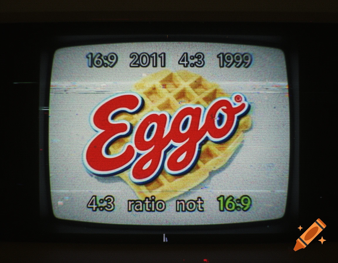 Vintage CRT television screen displaying an Eggo waffles logo with text reading 16:9 2011 4:3 1999.